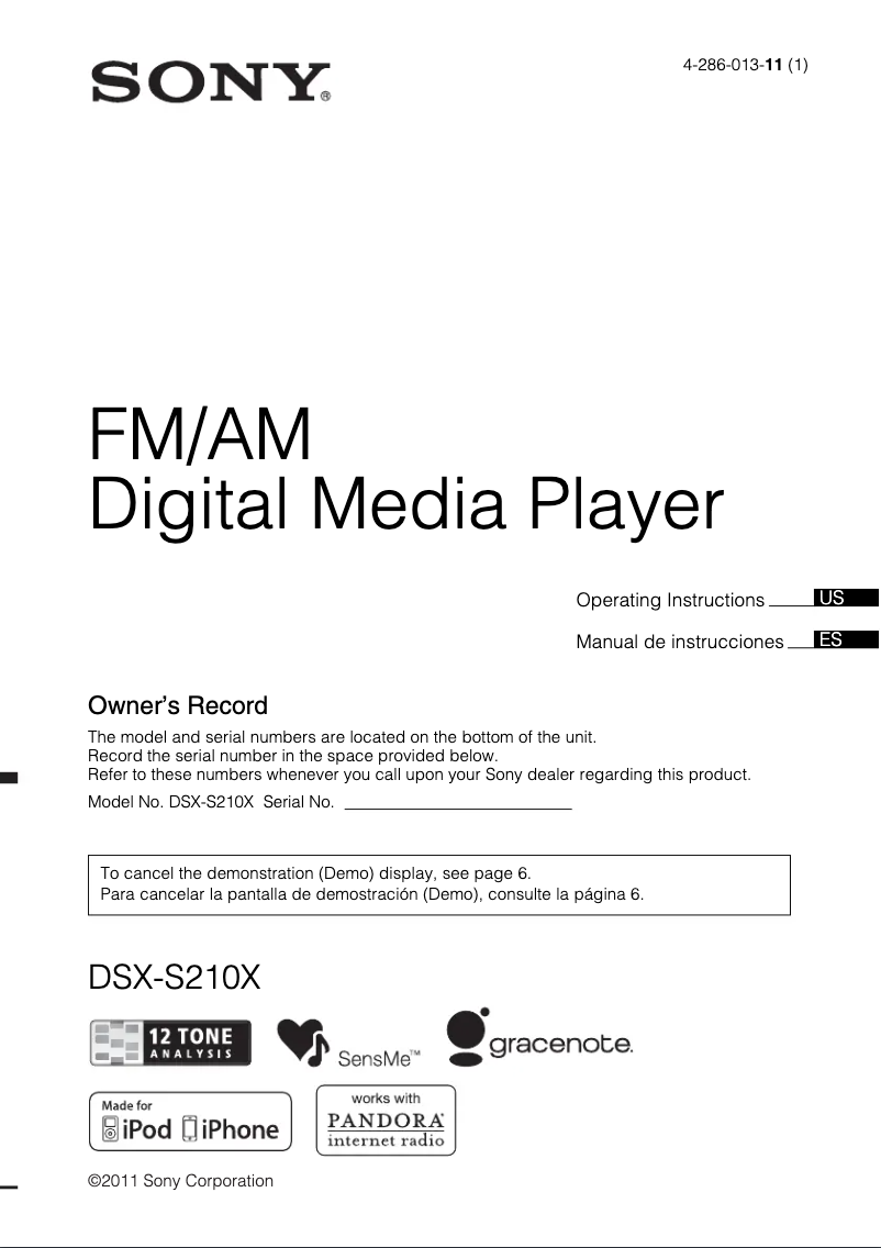 Page 1 de la notice Manuel utilisateur Sony DSX-S210X