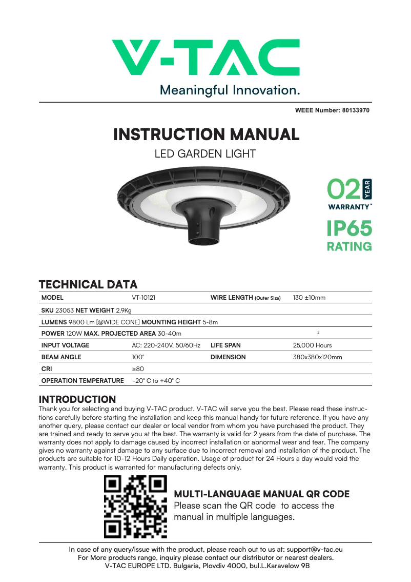 Page 1 de la notice Manuel utilisateur V-TAC VT-10121