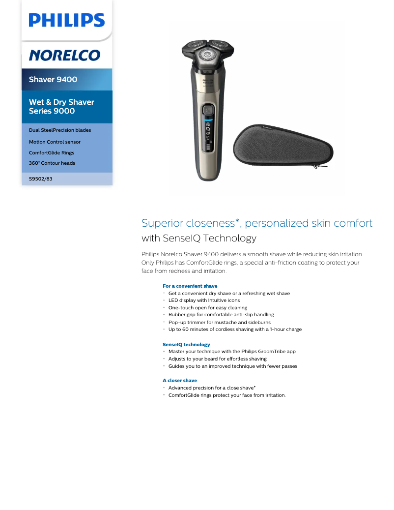 Page n°1 - Fiche technique Philips Norelco Series 9400 S9502