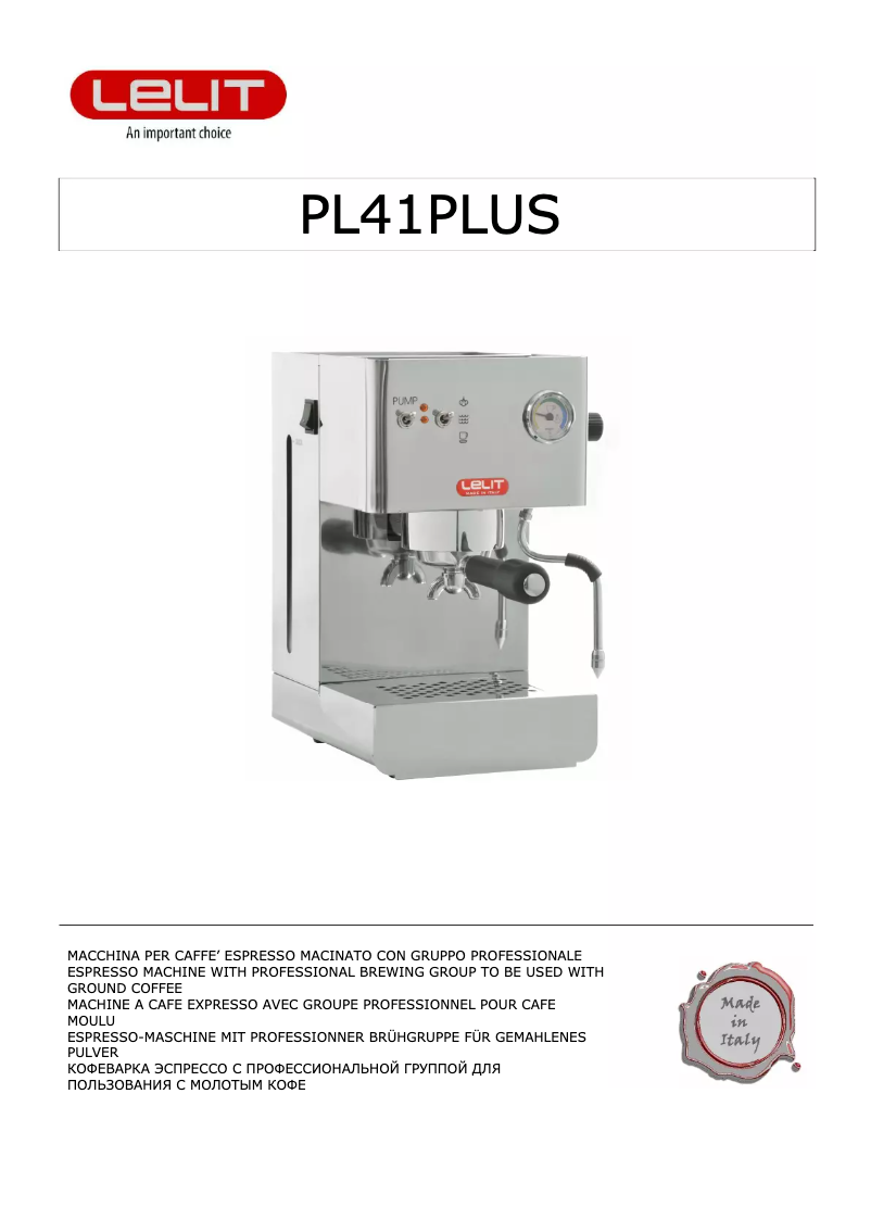 Page 1 de la notice Manuel utilisateur Lelit PL41PLUS