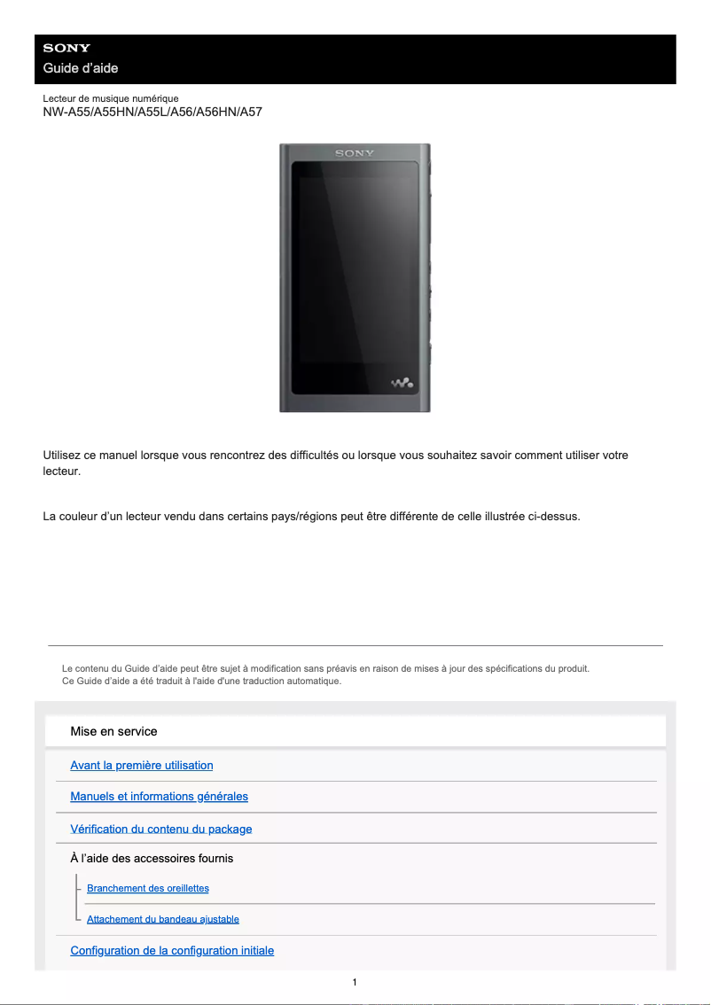 Page 1 de la notice Manuel utilisateur Sony NW-A55L