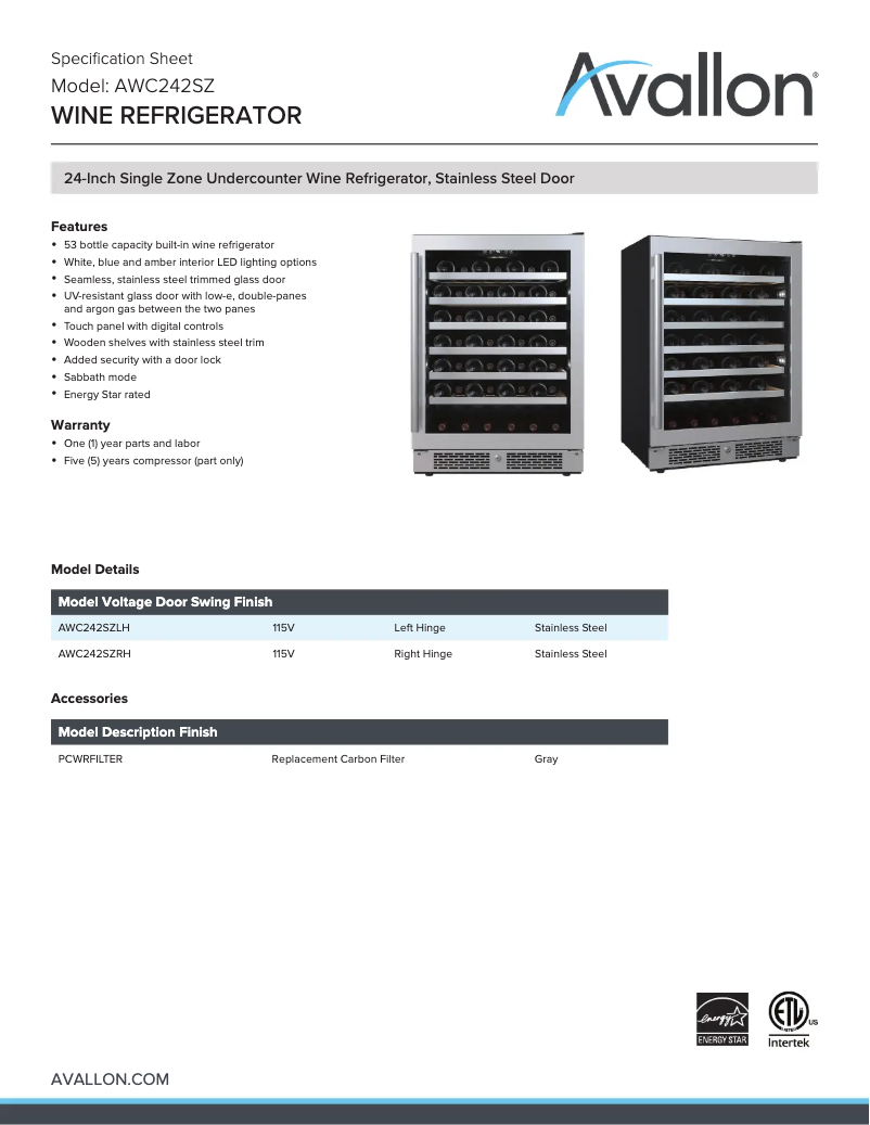 Page 1 of the manual Technical Sheet Avallon AWC242SZRH