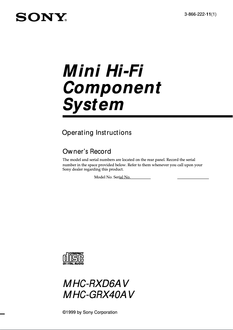 Page n°1 - Manuel utilisateur Sony MHC-RXD6AV