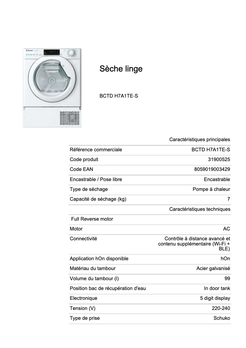 Page 1 de la notice Fiche technique Candy BCTD H7A1TE-S