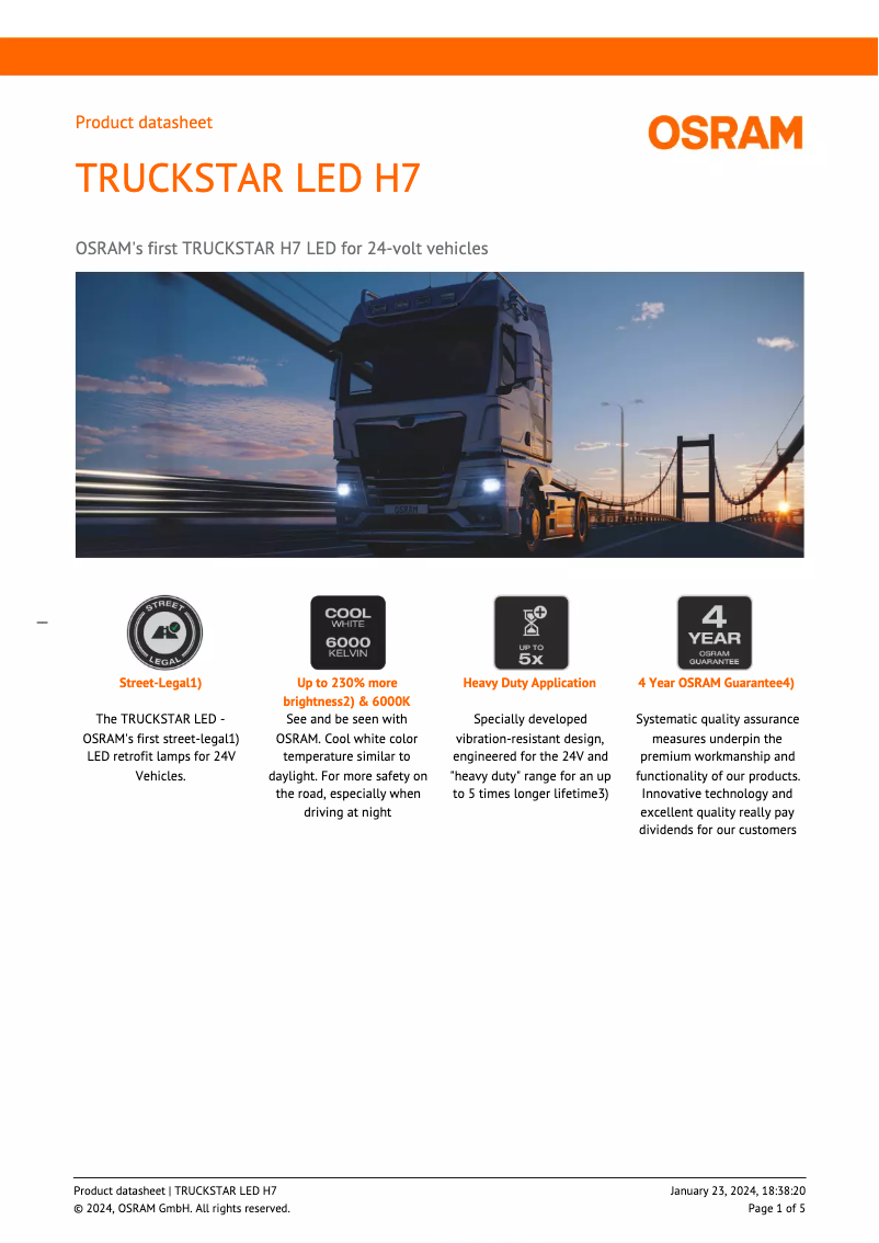 Page 1 de la notice Fiche technique Osram TRUCKSTAR LED H7-LED