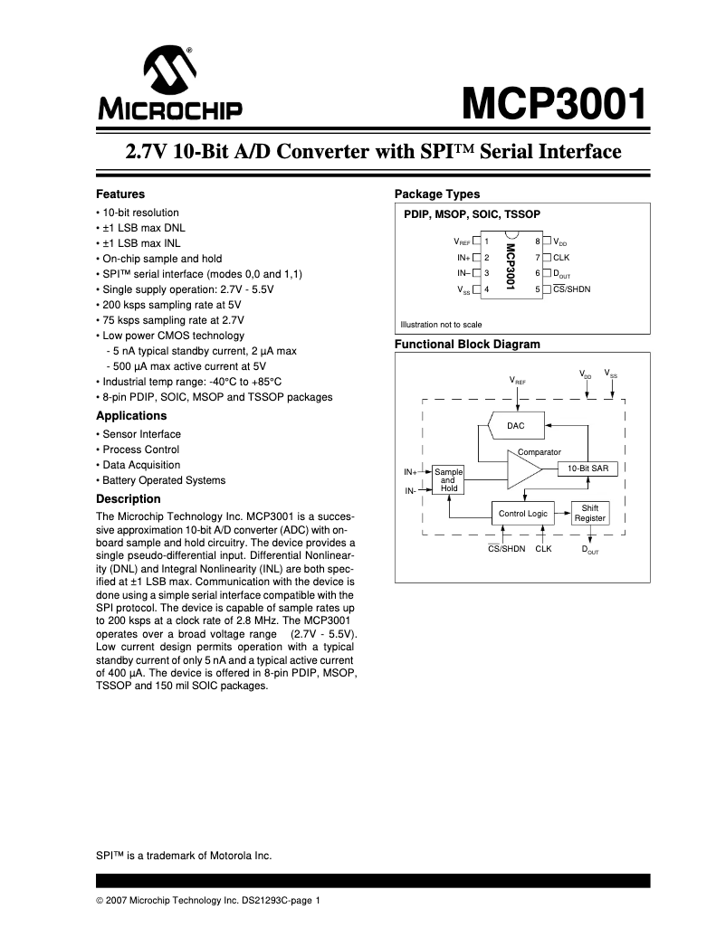 Page 1 de la notice Fiche technique Microchip MCP3001