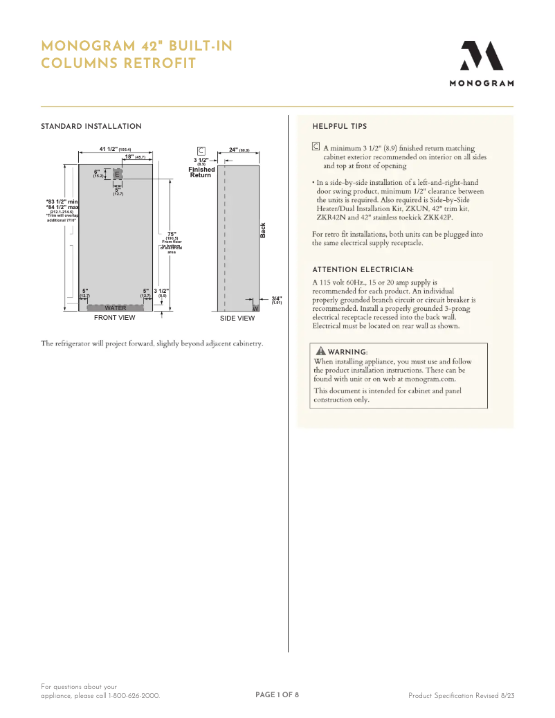 Page 1 de la notice Fiche technique Monogram ZIR241NPNII