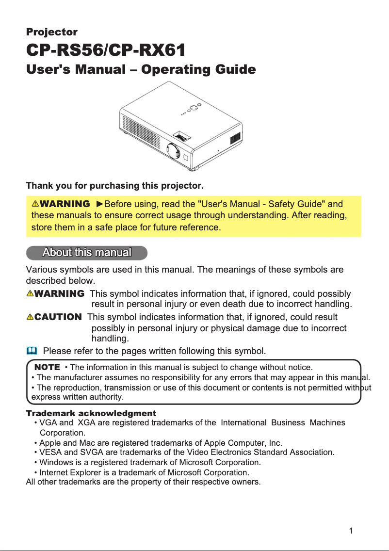 Image de la première page du manuel de l'appareil CP-RS56