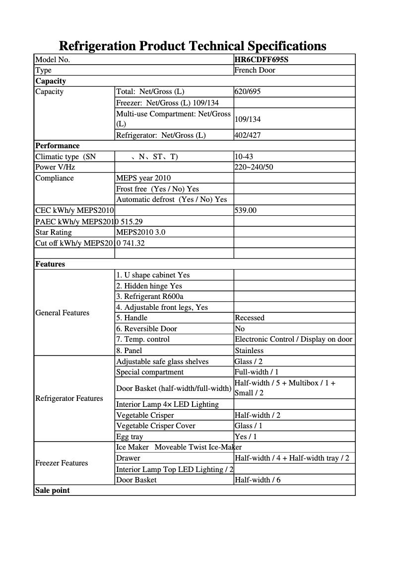 Page 1 de la notice Fiche technique Hisense HR6CDFF695S