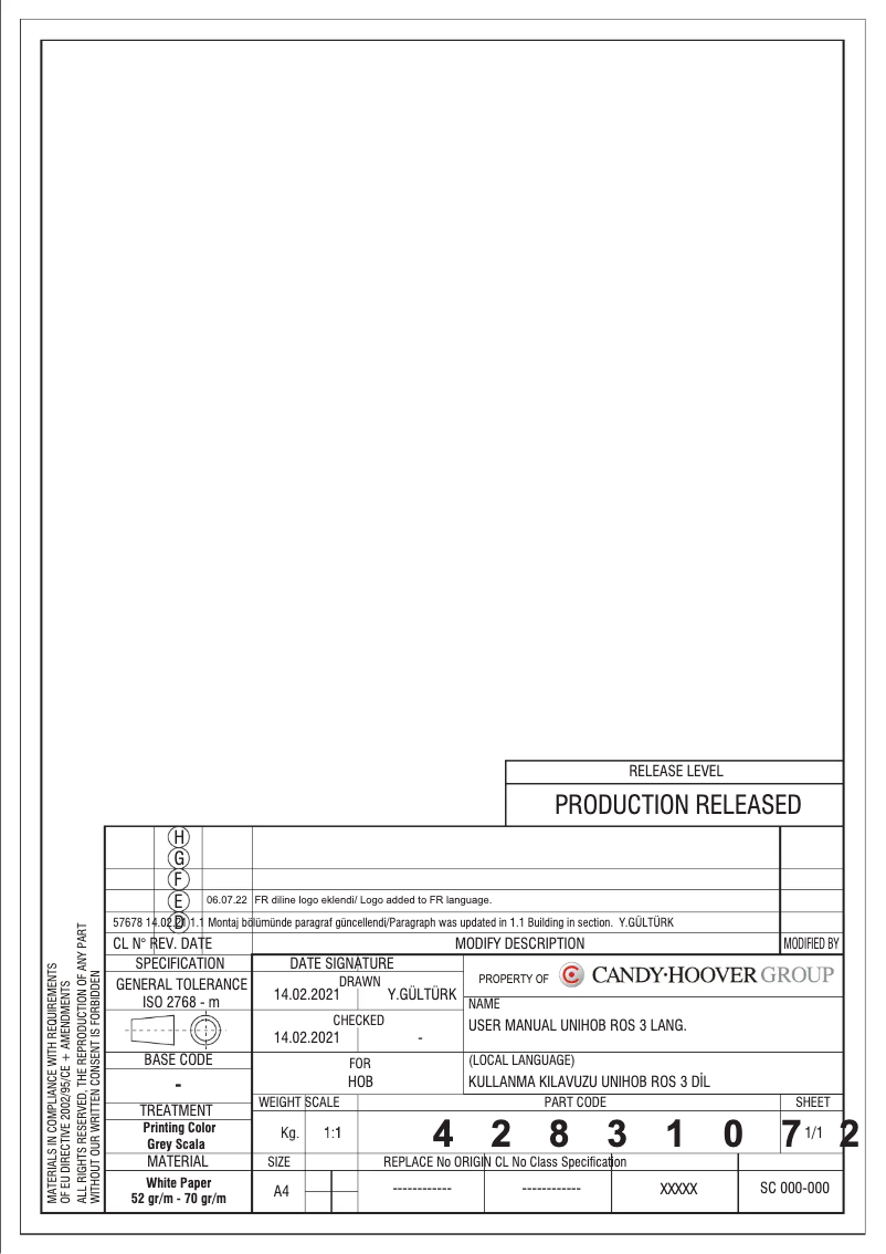 Page 1 de la notice Manuel utilisateur Rosieres RHW6BRK3X/1