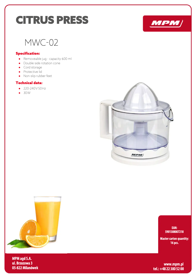 Page 1 de la notice Fiche technique MPM MWC-02