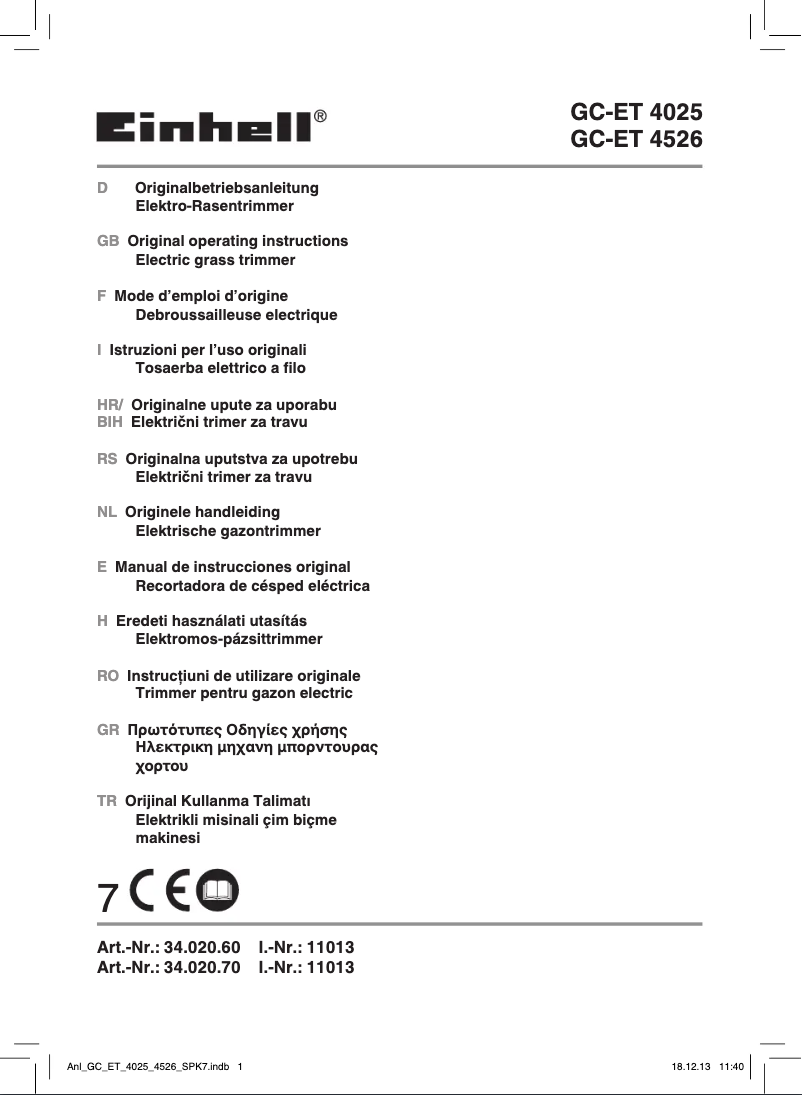 Page n°1 - Manuel utilisateur Einhell GC-ET 4025