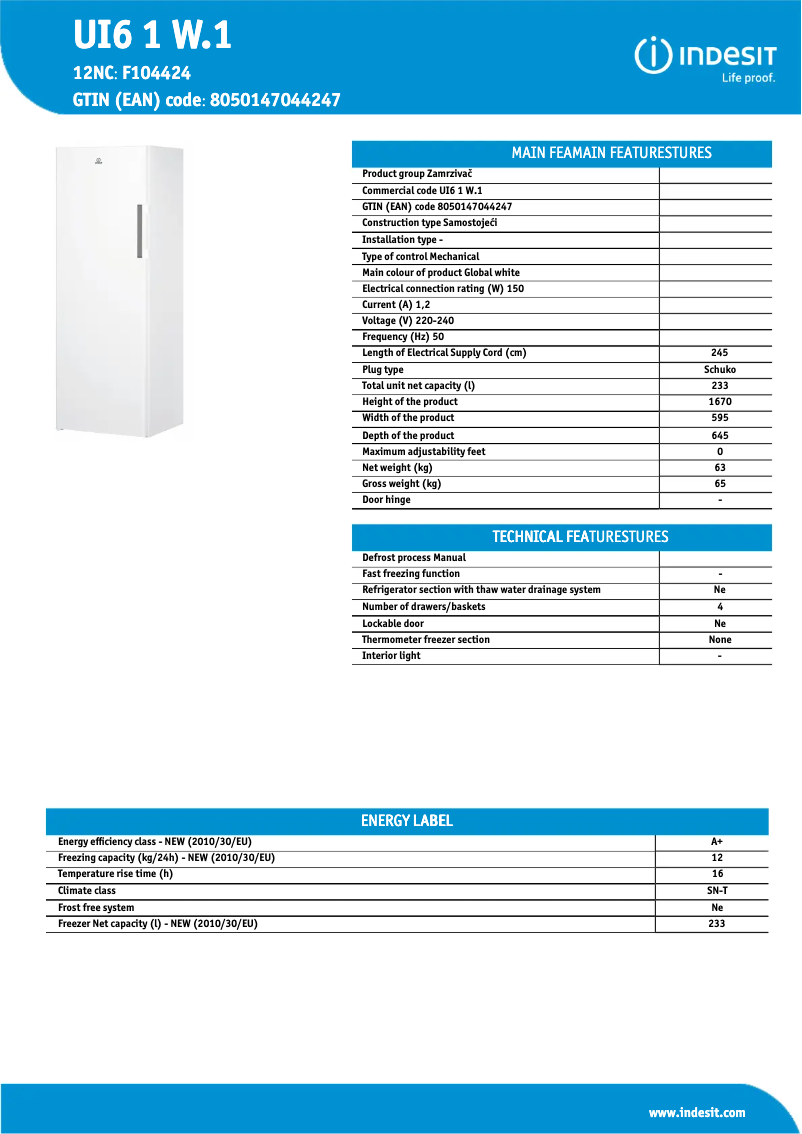 Página 1 del manual Ficha técnica Indesit UI6 1 W.1