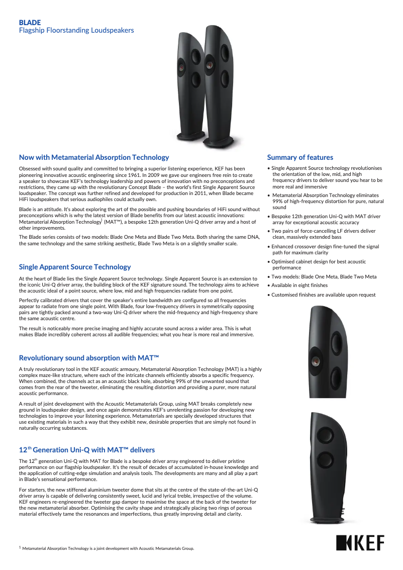 Page 1 de la notice Fiche technique KEF Blade One Meta