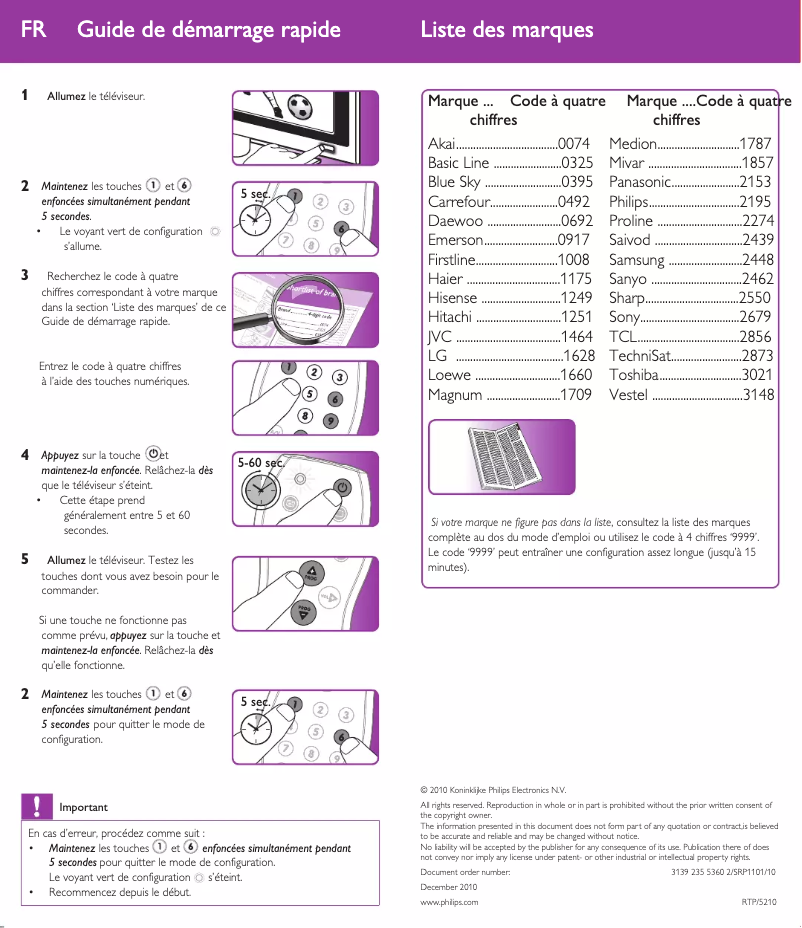 Page 1 de la notice Guide de démarrage rapide Philips SRP1101