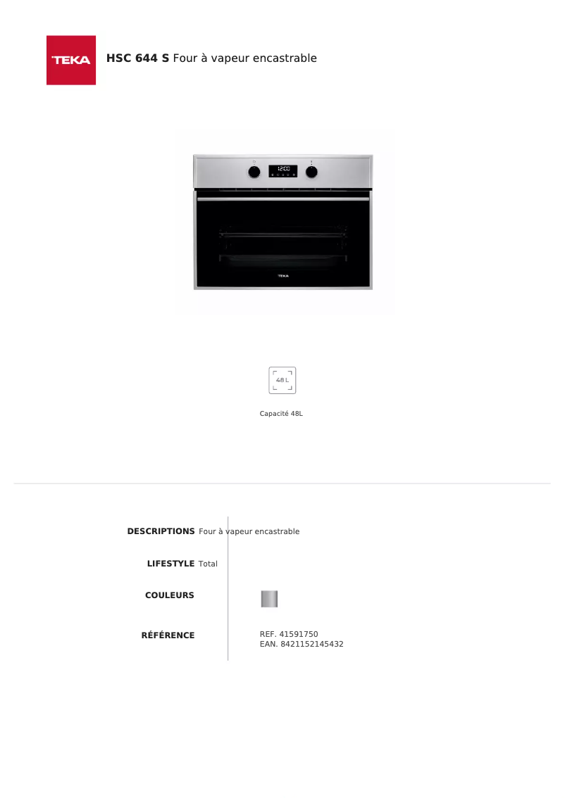 Page 1 de la notice Fiche technique Teka HSC 644 S