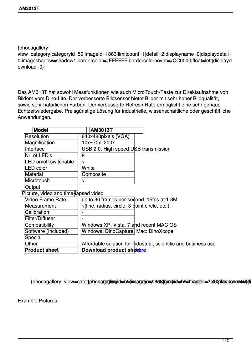 Page 1 de la notice Manuel utilisateur Dino-Lite AM3013T