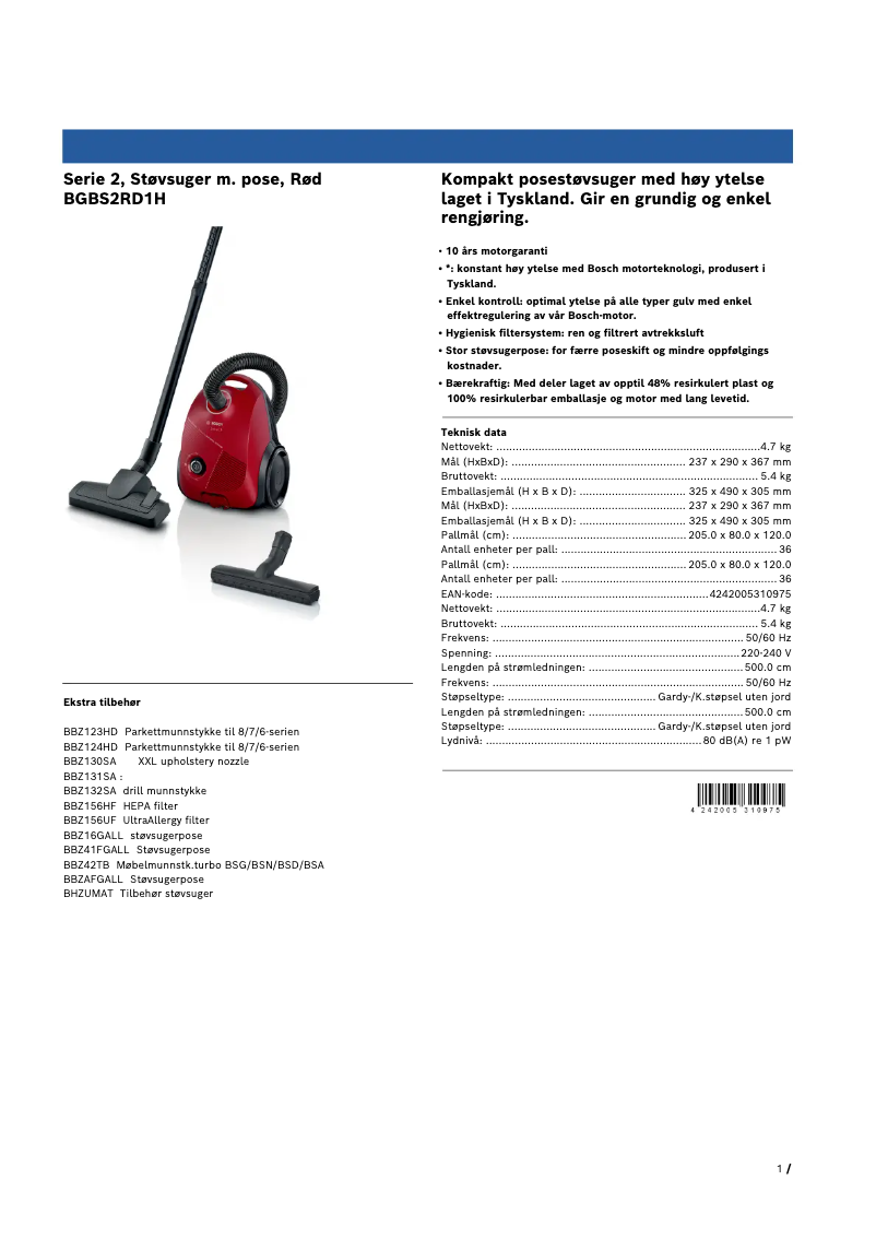 Page 1 de la notice Brochure Bosch BGBS2RD1H