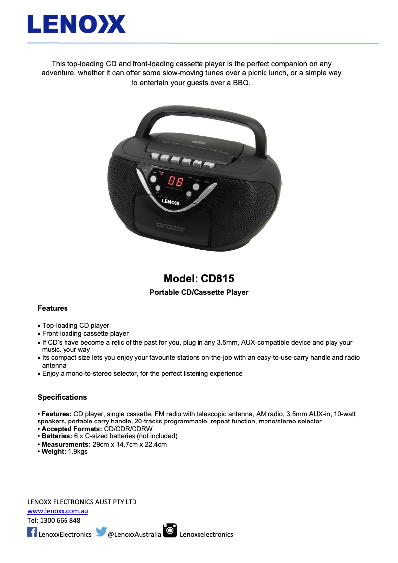 Page 1 de la notice Fiche technique Lenoxx CD815