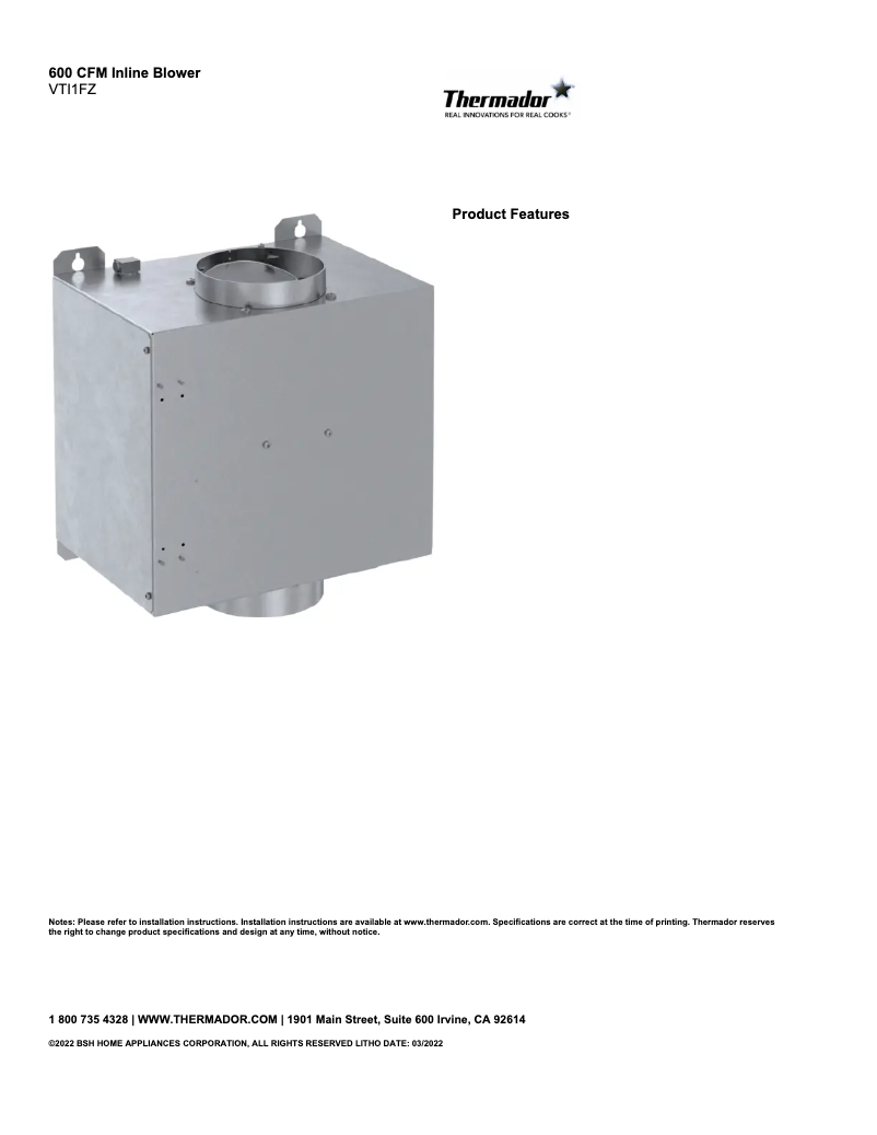 Page 1 de la notice Fiche technique Thermador VTI1FZ