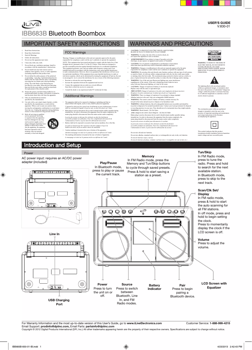 Page 1 de la notice Manuel utilisateur iLive IBB683B
