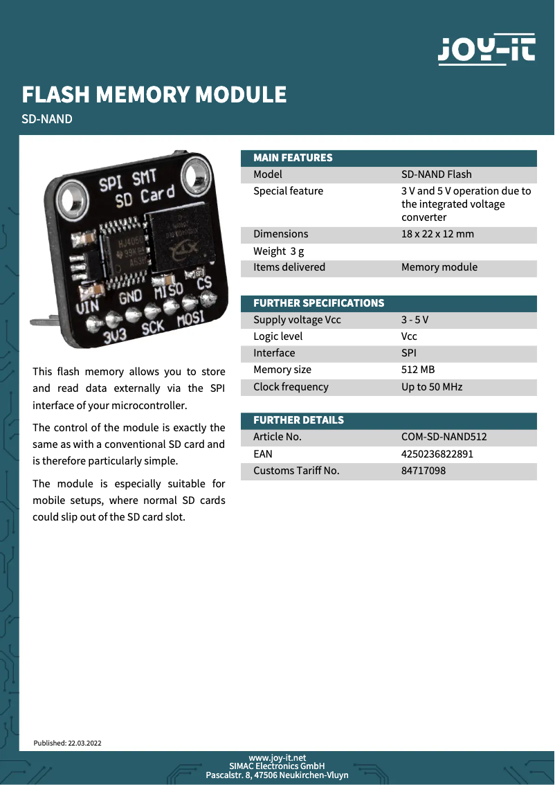 Page 1 de la notice Fiche technique Joy-It COM-SD-NAND512