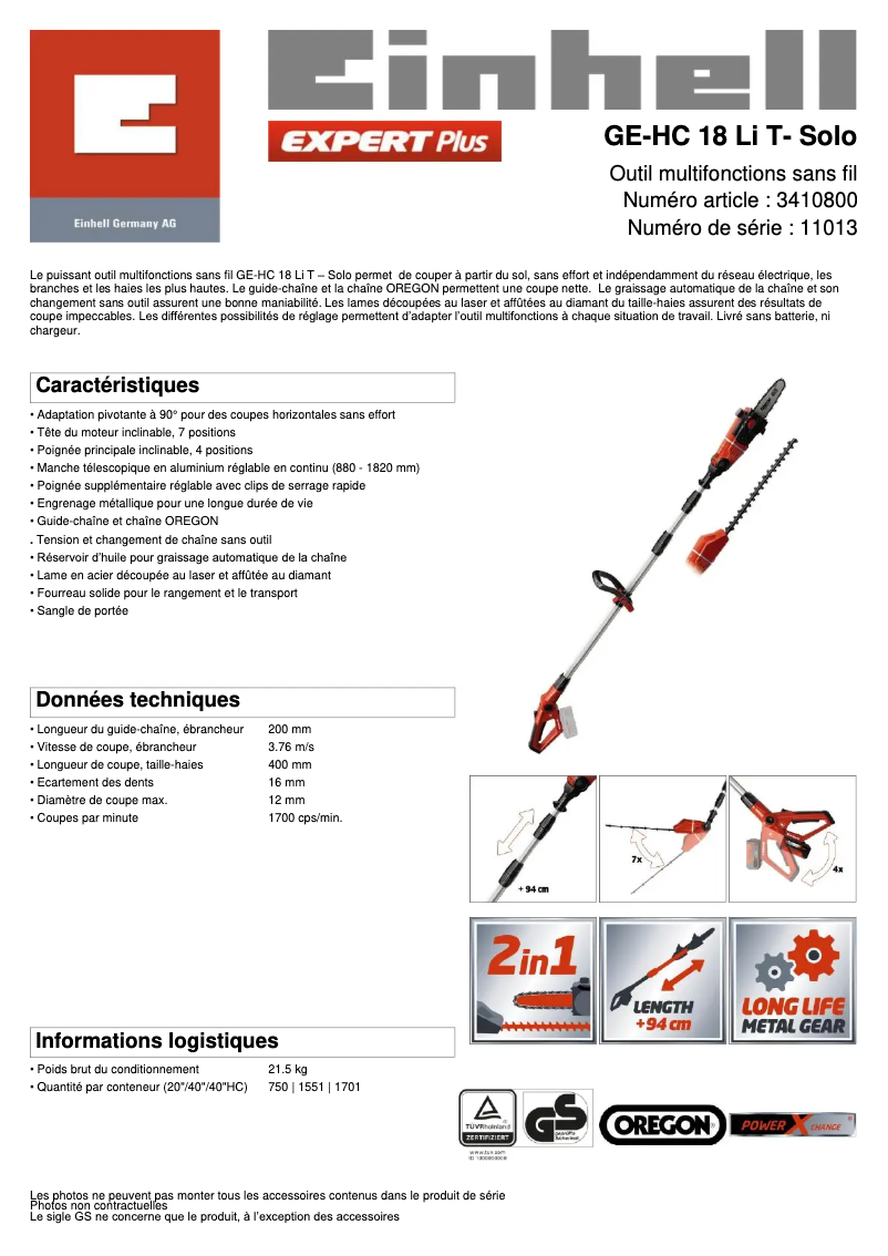 Page 1 de la notice Fiche technique Einhell GE-HC 18 Li T