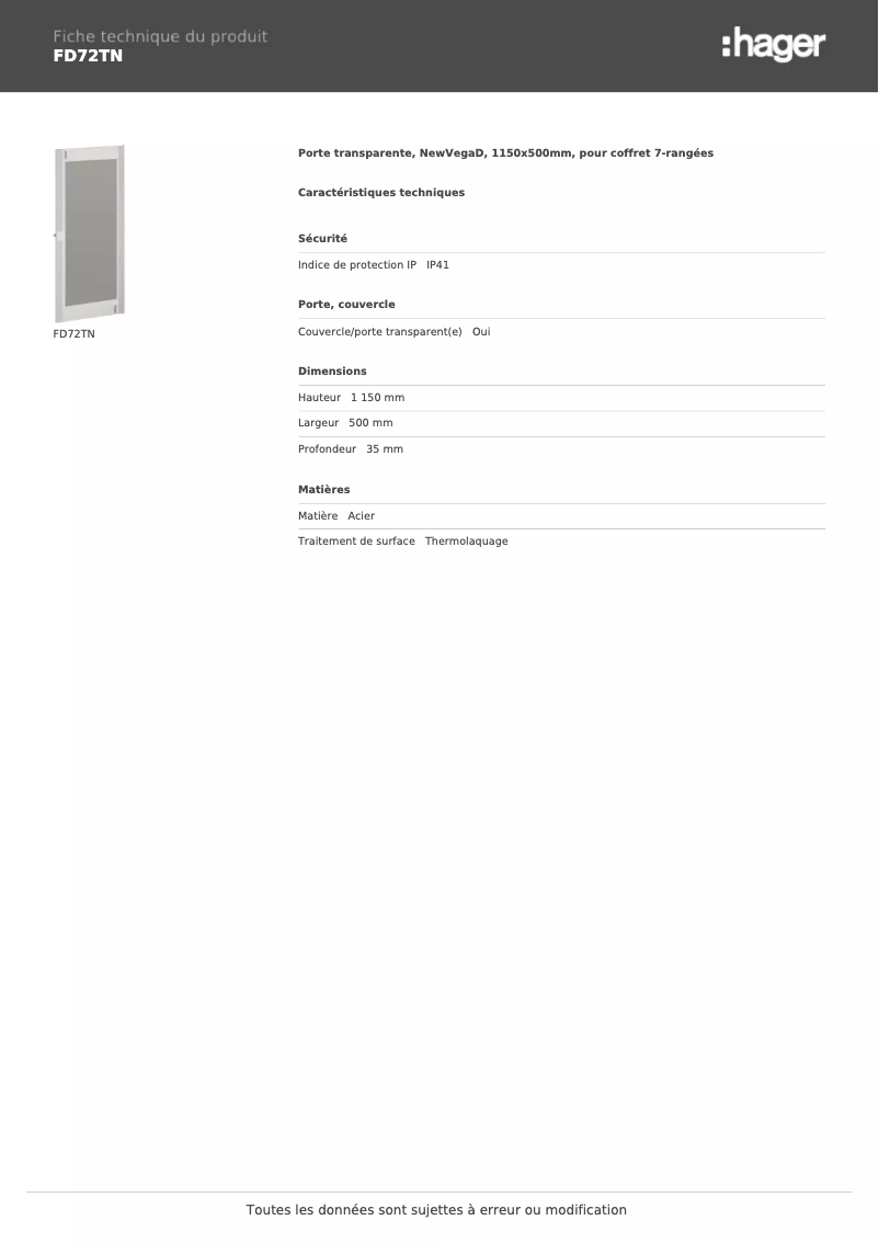 Page 1 de la notice Fiche technique Hager FD72TN