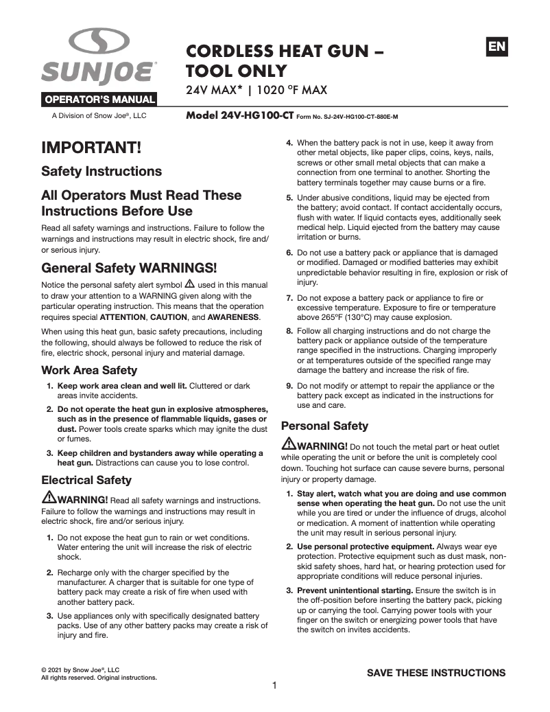 Page n°1 - Manuel utilisateur Sun Joe 24V-HG100-CT
