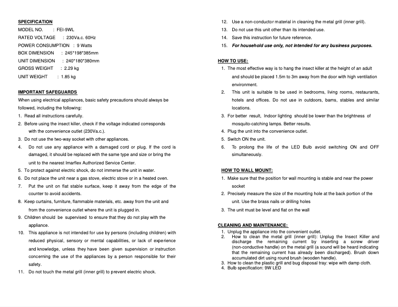 Page 1 de la notice Manuel utilisateur Imarflex FEI-9WL