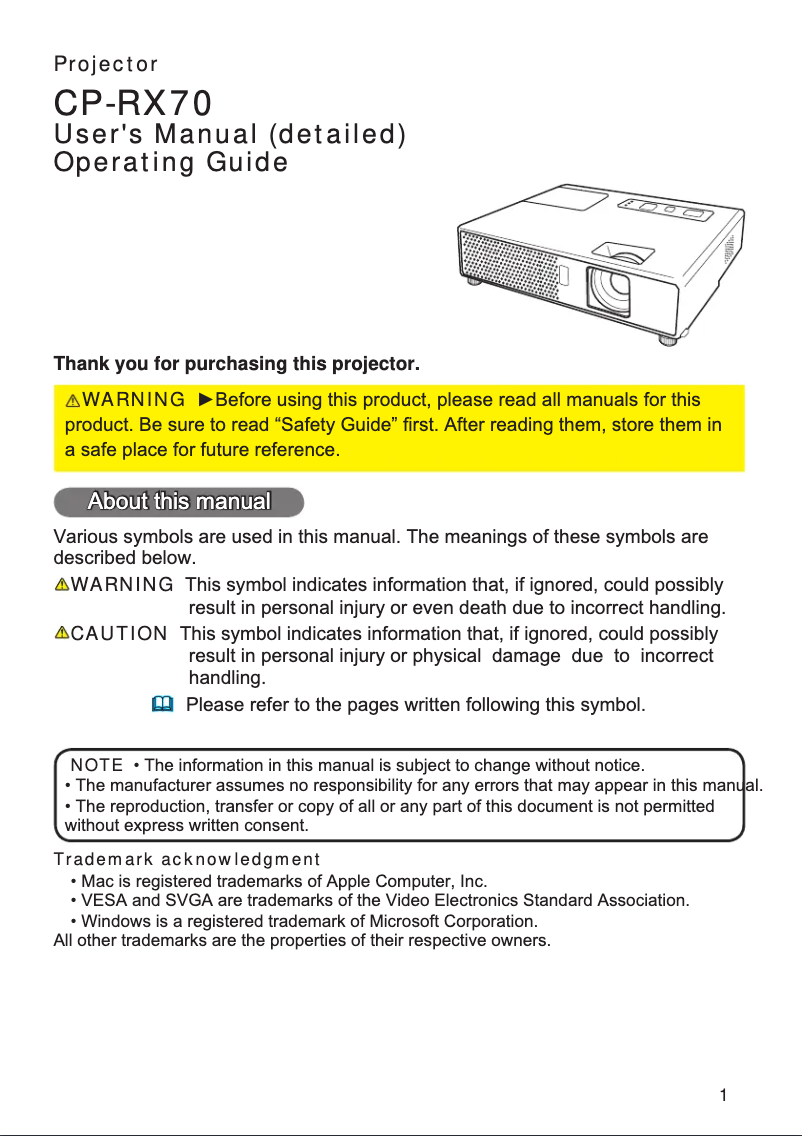 Image de la première page du manuel de l'appareil CP-RX70