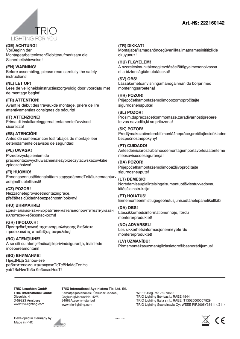 Page 1 de la notice Manuel utilisateur Trio Lighting Ebro 222160142