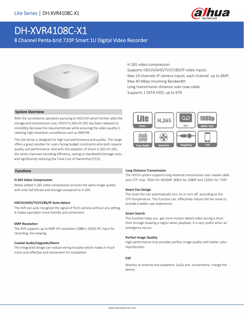 Page 1 de la notice Fiche technique Dahua Technology XVR4108C-X1