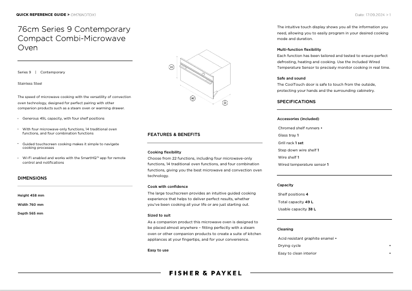 Page 1 de la notice Fiche technique Fisher & Paykel OM76NDTDX1