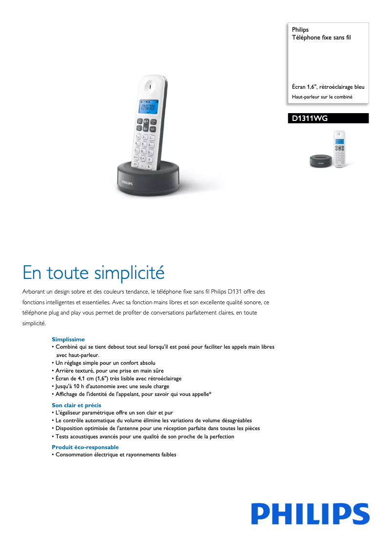 Page 1 de la notice Fiche technique Philips D131