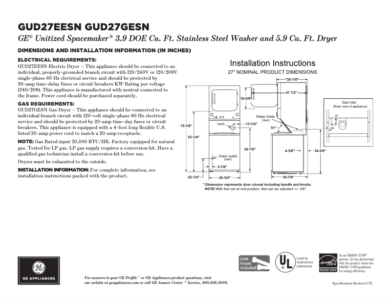 Page 1 de la notice Fiche technique GE GUD27EESNWW