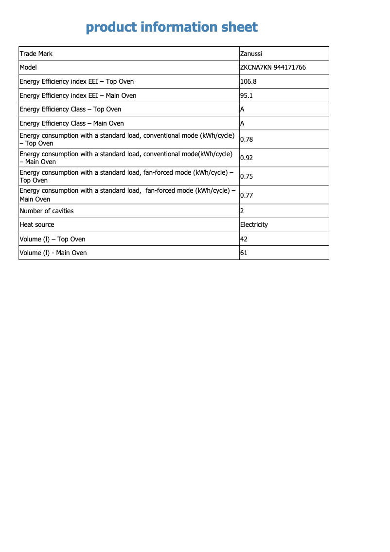 Page 1 de la notice Fiche technique Zanussi ZKCNA7KN
