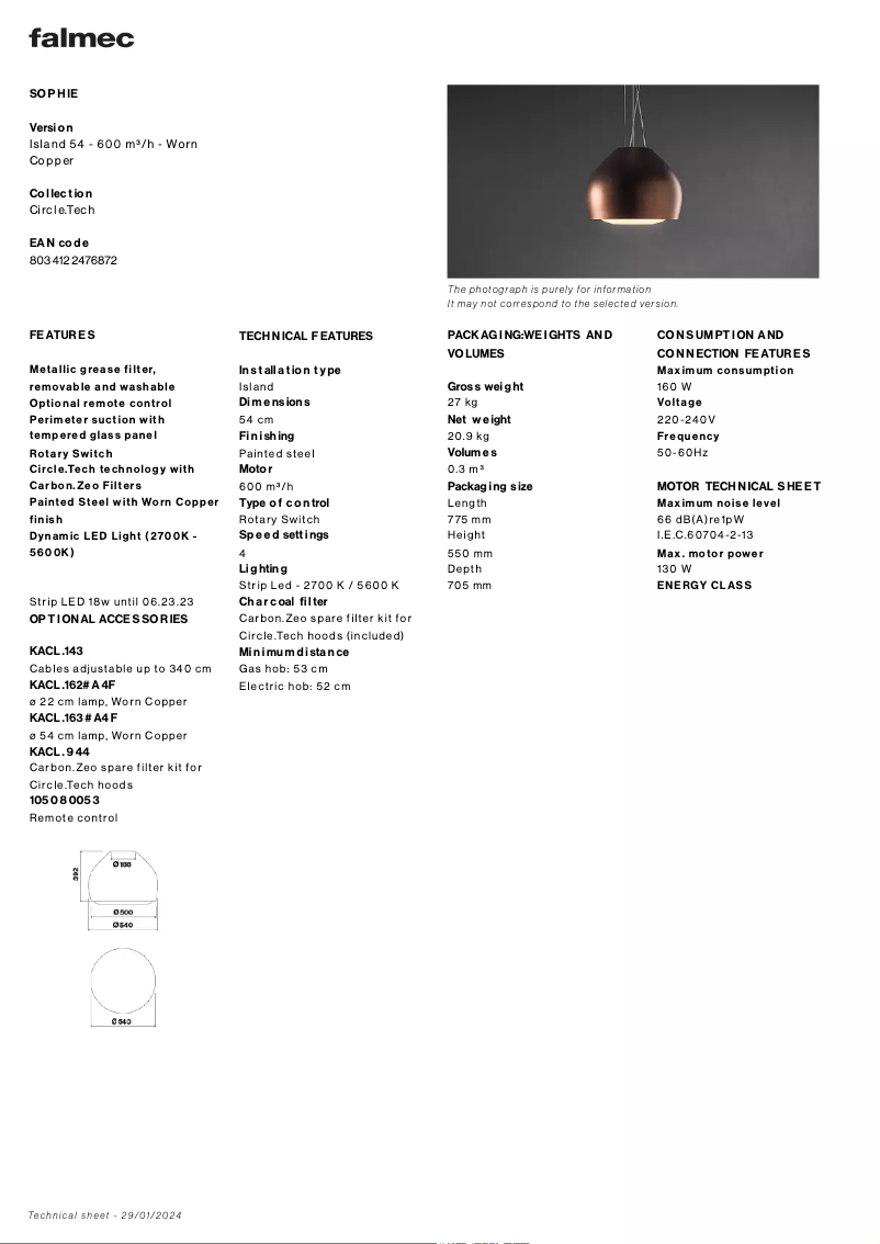 Page 1 de la notice Fiche technique Falmec Sophie
