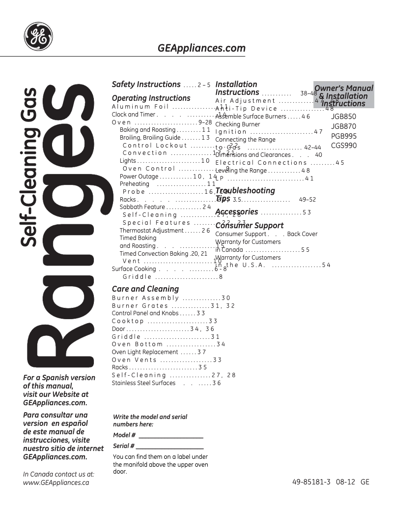 Page n°1 - Guide d'installation GE JGB870SETSS