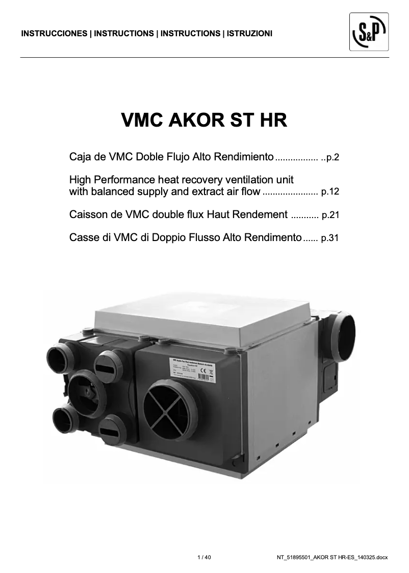 Image de la première page du manuel de l'appareil VMC AKOR ST HR