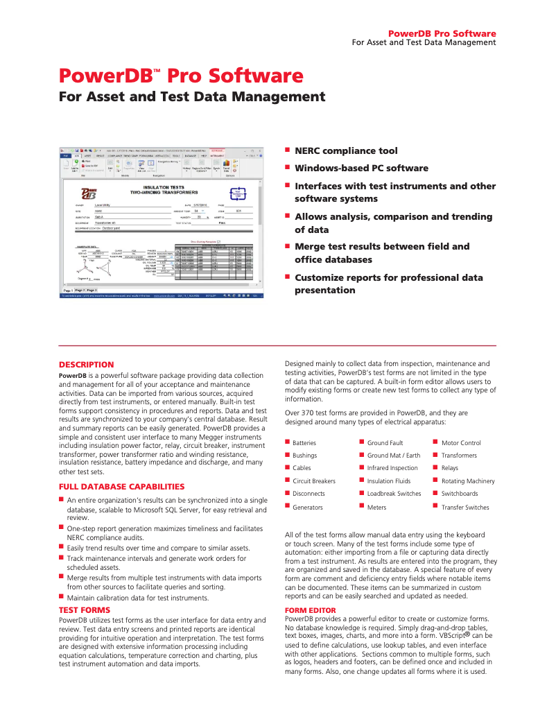 Página 1 del manual Ficha técnica Megger PowerDB