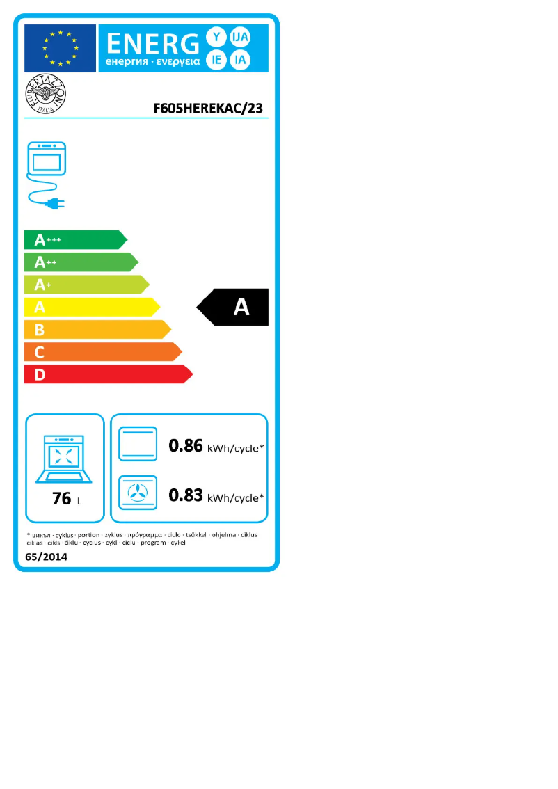 Page 1 de la notice Label énergétique Bertazzoni F605HEREKNE
