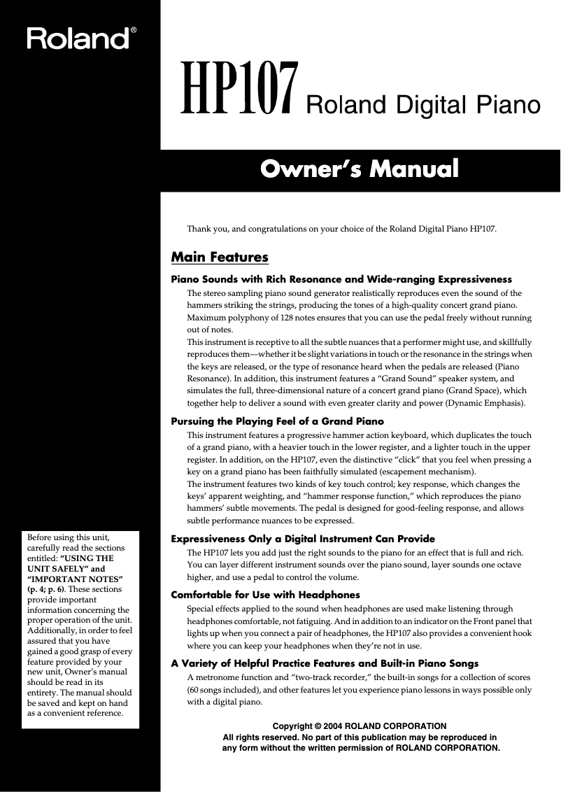 Page 1 de la notice Manuel utilisateur Roland HP-107