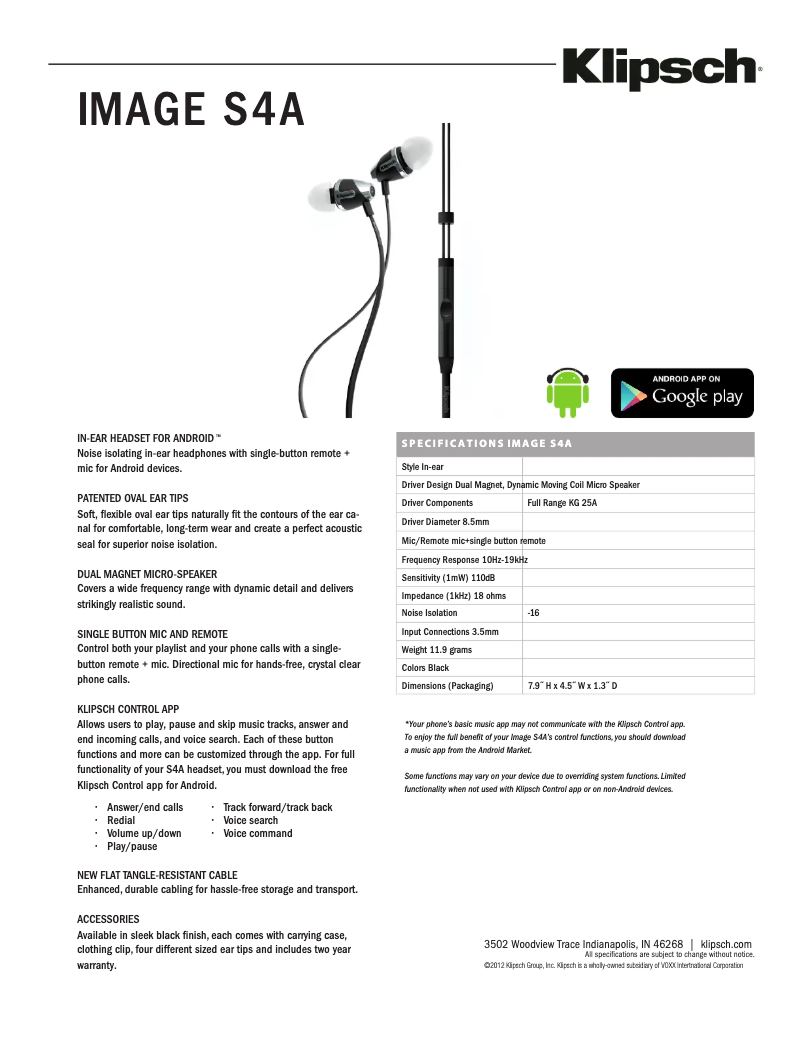 Page 1 de la notice Fiche technique Klipsch S4A (II)