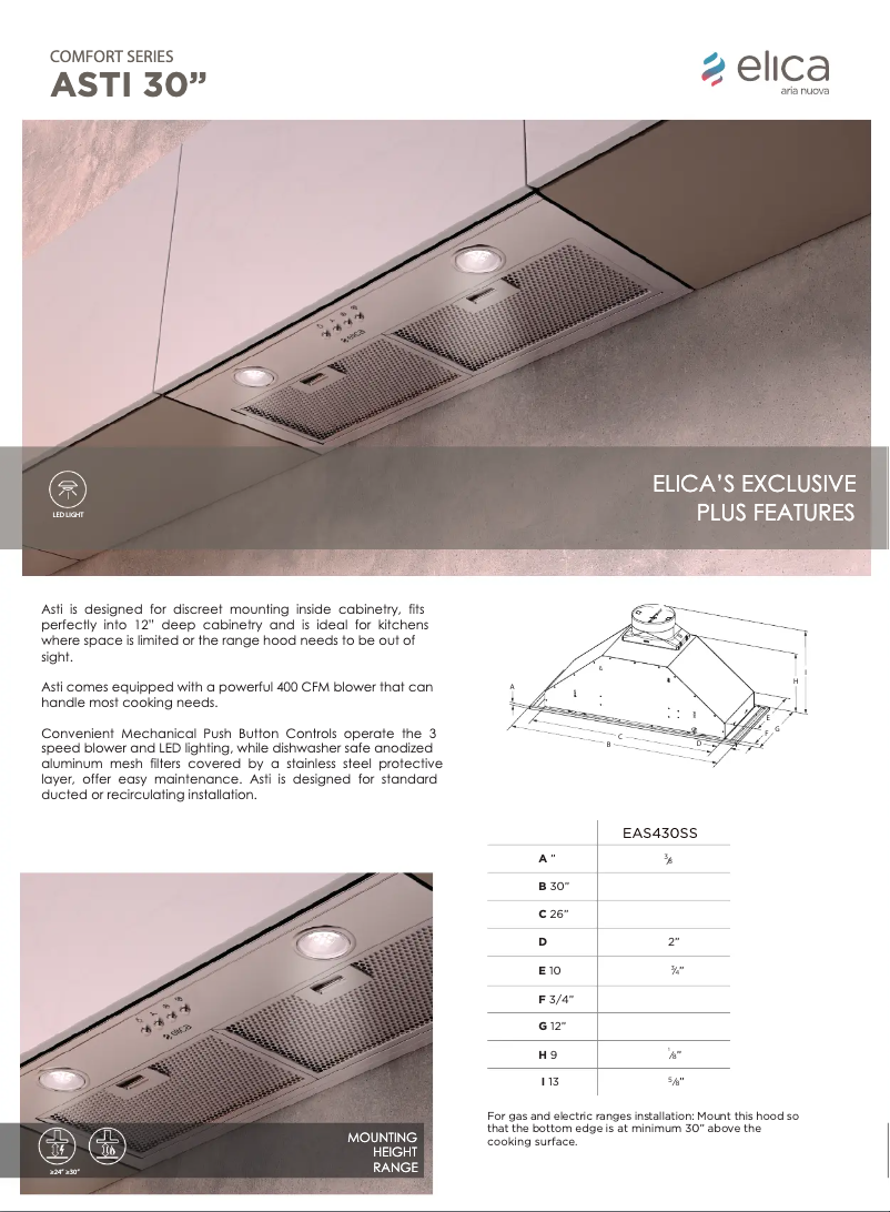 Page 1 de la notice Fiche technique Elica Asti EAS430SS