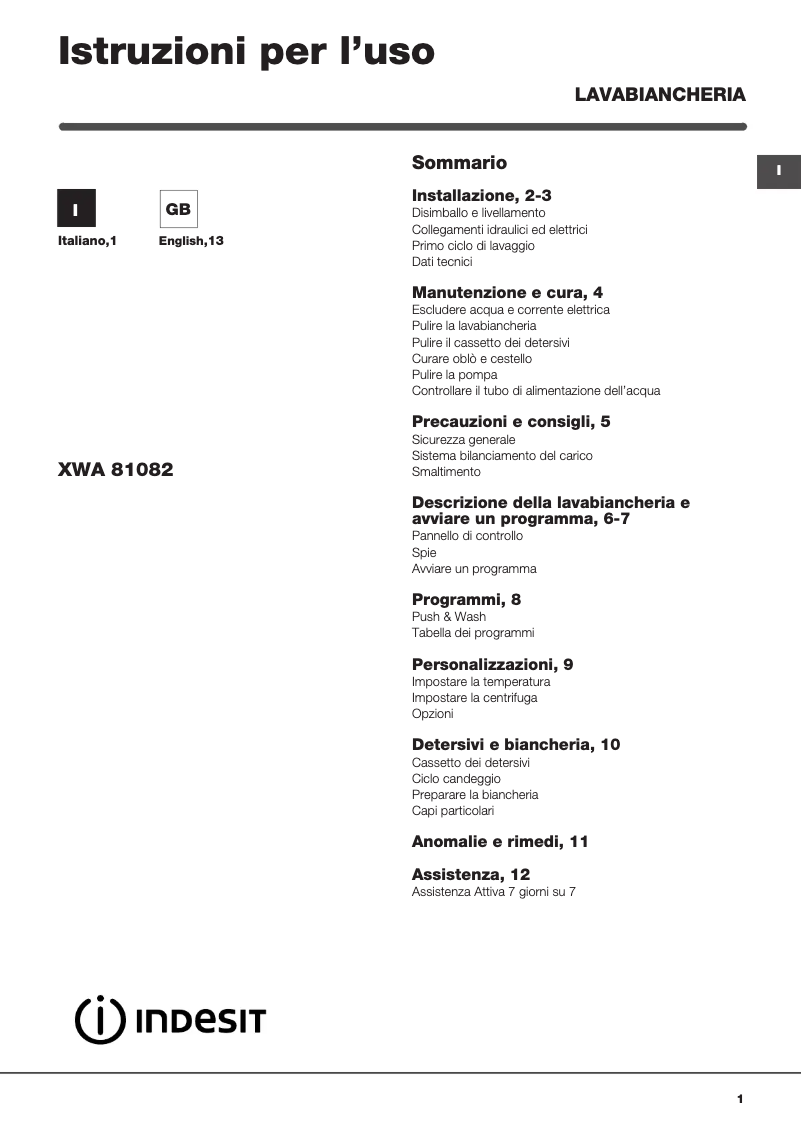 Page n°1 - Manuel utilisateur Indesit XWA 81082X