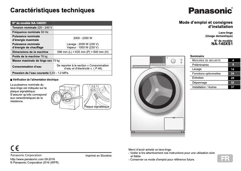 Page 1 de la notice Manuel utilisateur Panasonic NA-140XS1