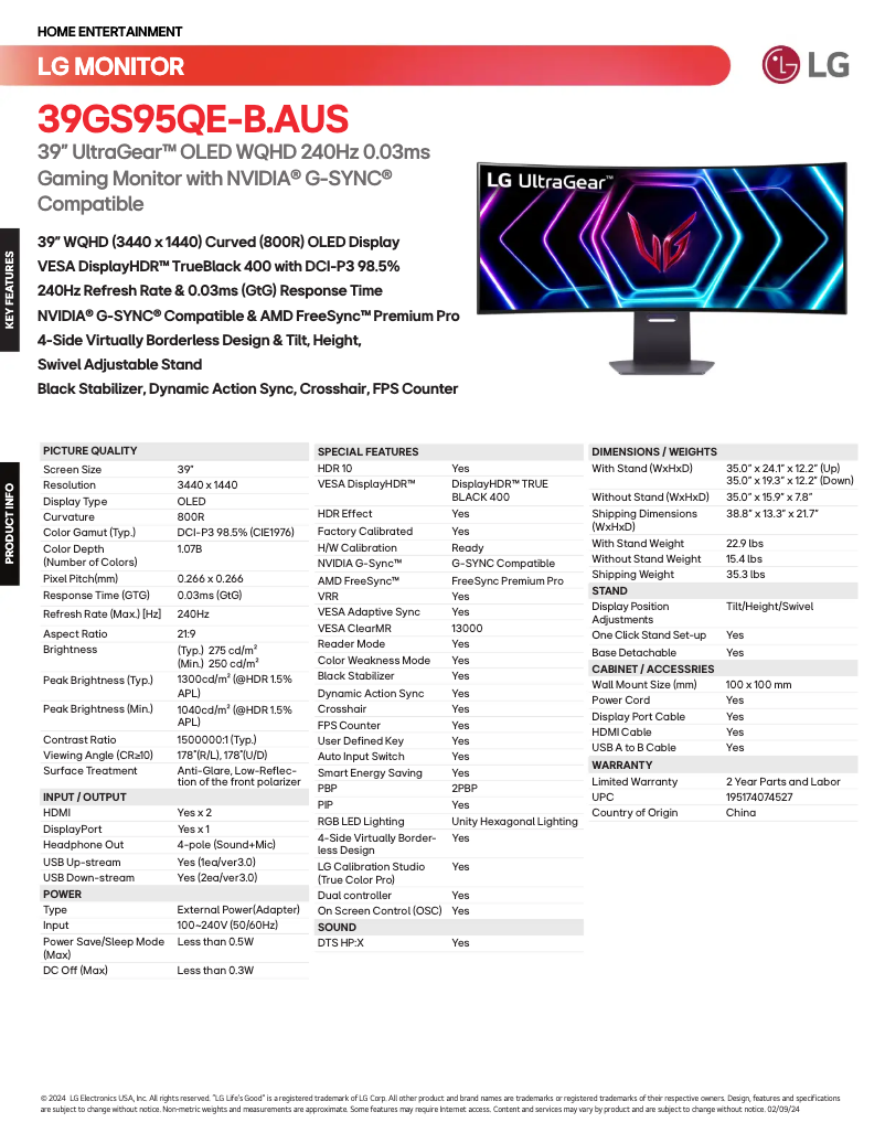 Page n°1 - Fiche technique LG UltraGear 39GS95QE