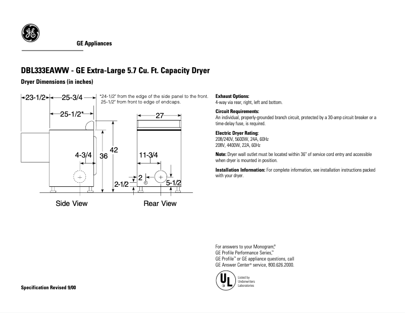 Page n°1 - Fiche technique GE DBL333EAWW