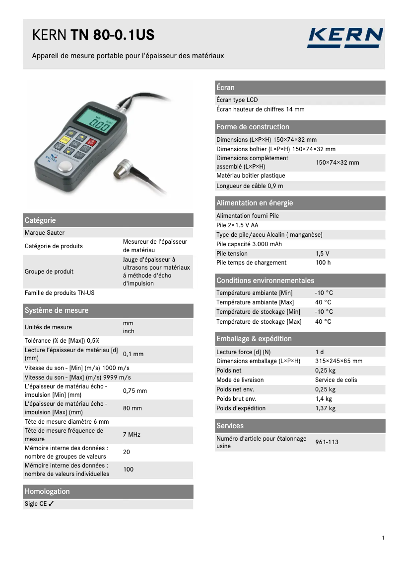 Page 1 de la notice Fiche technique Sauter TN 80-0.1US